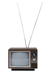 Vintage TV with antenna isolated over a white background.