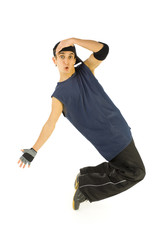 Young, surprised bboy standing on fingers