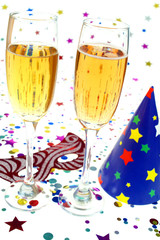 Party cap,mask ,drink and confeti on white background