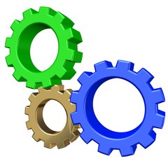 3D gears gold green and blue