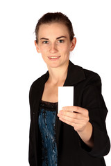 Young business woman with business card isolated