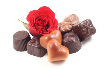 various delicious pralines and red rose isolated on white