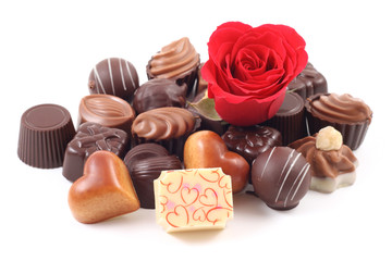 various delicious pralines isolated on white