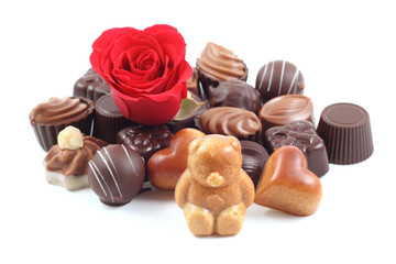 various delicious pralines isolated on white