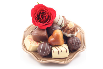 various delicious pralines isolated on white