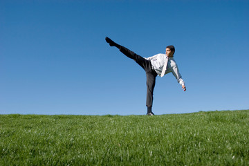 Businessman doing karate moves on green grass