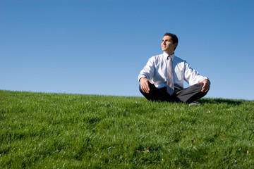 Naklejka na ściany i meble Businessman meditating on green grass