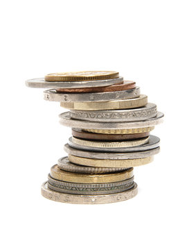 coins stack euro rupies, money isolated white