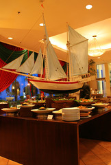 buffet dinner at restaurant decored with ship
