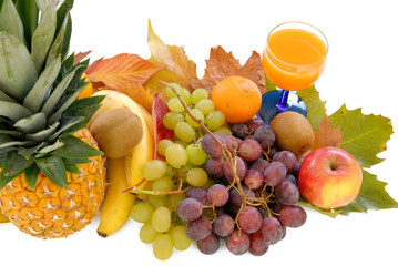 Naklejka na ściany i meble Fresh seasonal fruit, and glass fruit juice