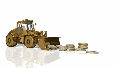 bulldozer en or avec des euros