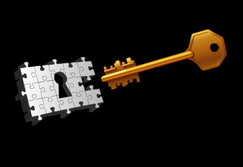 Vector key on black background with puzzle 