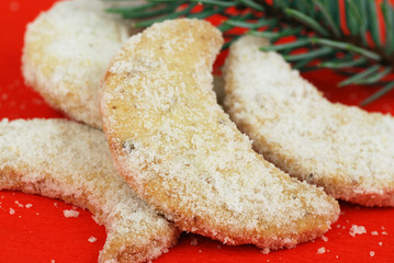 Detail o christmas cookies on the red background 