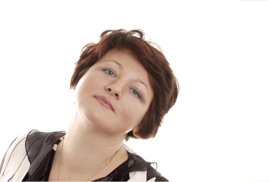 portrait of attractive woman with green eays and dark  hair