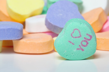 Conversation hearts Valentines day candy. Concept of love.