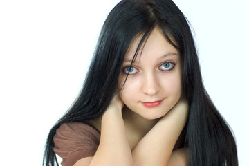 Fototapeta premium Portrait of beautiful young brunette woman isolated on white