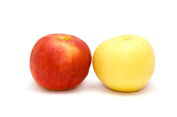 red and green apple on white background.