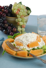 A plate with cottage cheese and cantaloupe