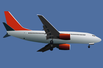 Vector - Side view of an airplane against blue sky.