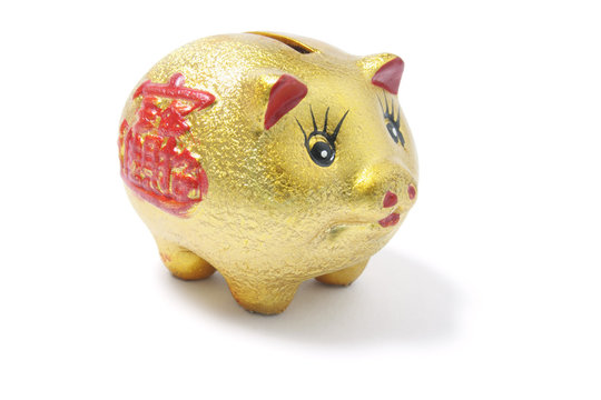 Golden Chinese Piggy Bank on White Background