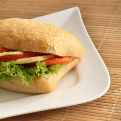 Ciabatta sandwich with mozarella, tomatoes and salad