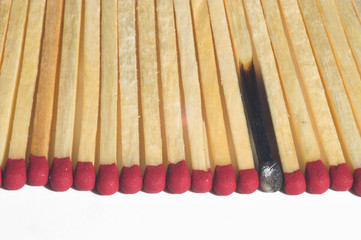 Wooden kitchen matches lined up in a row.
