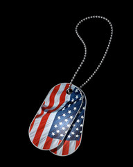 A pair of military dog tags with the US flag on black