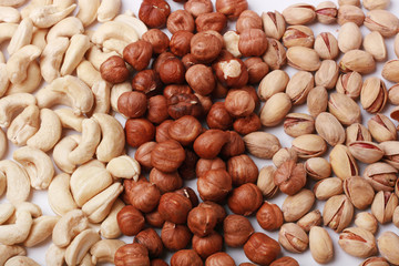 Assorted nuts (filberts, pistachio, cashews) close-up