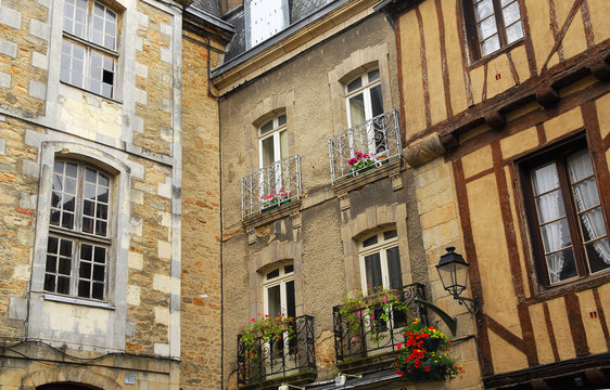 Street corner with medieval houses in Vannes, France