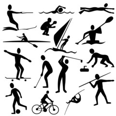 sports silhouettes - kayaking, golf, cycling, curling, swimming