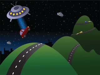Photo sur Plexiglas Cosmos Ufo adoptant une voiture rouge dans la nuit