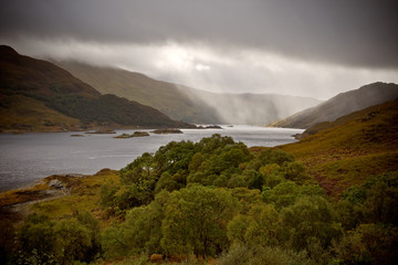 Dramatic storm with rain over the Loch Shiel, Scotland