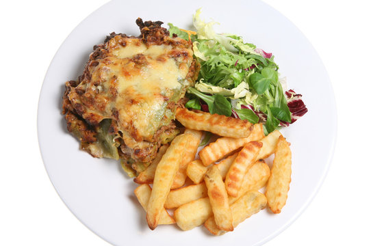 Lasagne Verdi with chips and side salad