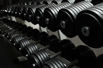 Heavy sports dumbbells in modern sports club