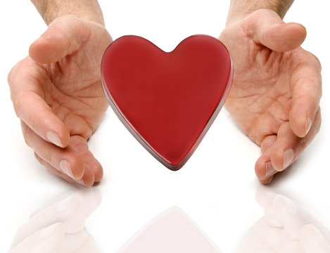 red heart between hands isolated on white close up shoot