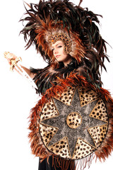 beautiful bohemian woman in leopard and feather native