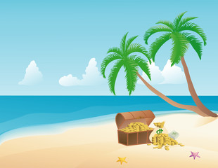 Obraz premium Pirate treasure on a tropical beach with palm trees