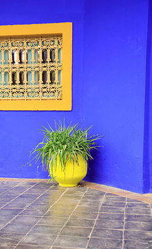Yellow pot against a vivd blue wall Morocco North Africa.