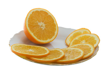 Orange juicy slices on a plate isolated on white