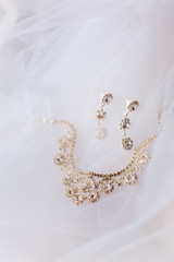 Wedding silver jewellery set on white veil