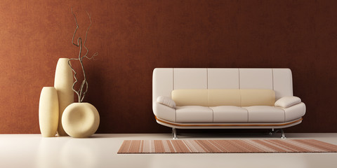 3d interior with couch and vases