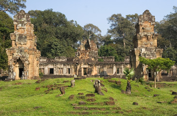Fototapeta na wymiar Prasat Suor Prat Temple Ruins In Angkor Thom In Cambodia