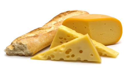 baguette and cheese  on white background 