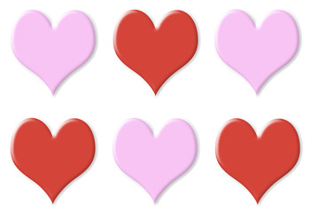 Six red and pink hearts isolated on white