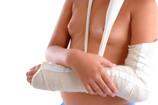 Boy Arm immobilized on white background .