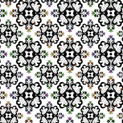 Seamless ornament pattern with coloured flowers on white