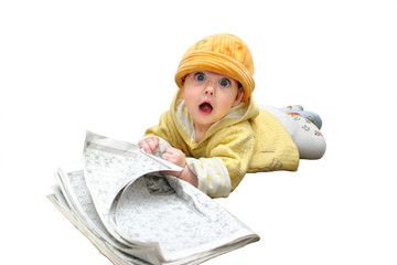 The child with magazine on a white background