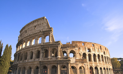 Wide angle view of the Colosseum in Rome, Italy.