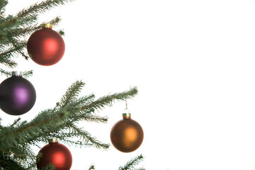 christmas border of pine-tree with ornaments on white background