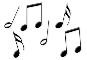Eight random shiny black music notes isolated on white
